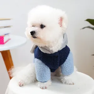 Dog winter fleece hoodie in blue and grey patchwork design for small pets like Pomeranians