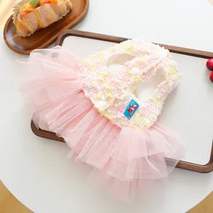 Cute puppy tweed mesh dress for small dogs, stylish pink princess tutu pet apparel.