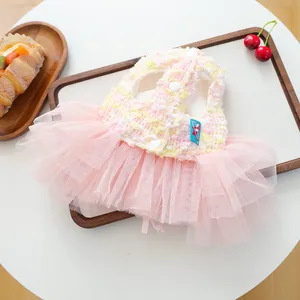 Cute pet dog tutu mesh dress pink puppy fairy skirt detailed flat lay view apparel