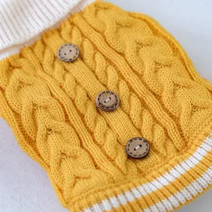 Detalle del suéter amarillo de punto trenzado para mascotas con botones de madera retro