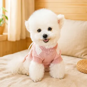 Rosa Strickpullover für kleine Hunde mit Spitzenkragen und Schleife, warme Winterkleidung