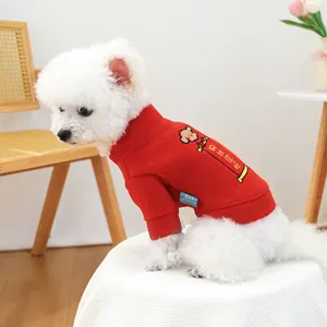 Red pet sweater with festive cartoon bear embroidery for dogs in New Year style