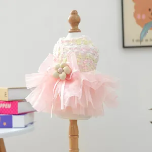Cute puppy mesh tutu dress, soft tweed top with fluffy layers and flower bow for small dogs.