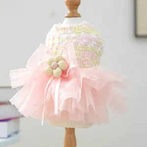 Cute pink pet dog tutu dress with multi-layer mesh and floral bow for small puppies