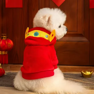 Vêtements Festifs pour Chien Nouvel An Chinois Costume Tang Rouge Brodé Danse du Lion Hiver Chaud Satin Peluche Chiot Chat Gilet À Capuche