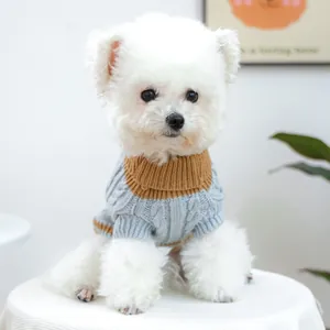 Detail von Hundepullover mit Zopfmuster, blauem Körper und Karamell-Rollkragen auf Bichon Frise