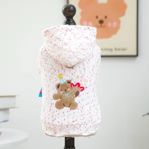 Close-up of cute bear embroidery and dotted pattern on a cream pet hoodie