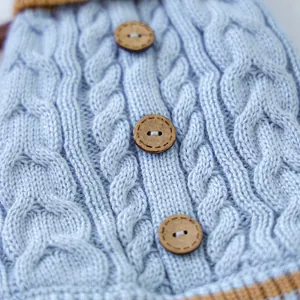 Detail eines hellblauen Zopfstrick-Haustierpullovers mit Holzknöpfen und Rippbündchen
