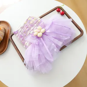 Cute purple pet dog tutu dress with mesh layers and flower bow, perfect for small puppy daily wear.