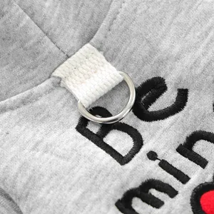 Detalle macro de la sudadera para perro con bordado Be mine y anillo en D de metal