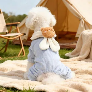 Pet Autumn Winter Warm Pajamas For Small Dogs Cats Cute Bear Rabbit Ears Ribbed Knit Soft Fleece Four-Legged Jumpsuit Clothing