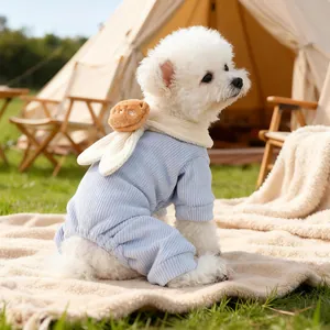 Blue ribbed pet jumpsuit with cute 3D ears for small dogs, stylish outdoor camping style