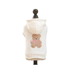 Cute beige hooded pet sweatshirt with brown bear embroidery and pink ribbon for dogs