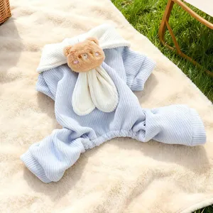 Light blue knitted pet jumpsuit with 3D bear and long ears for small dogs and cats