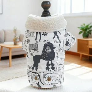 Gesteppte Haustier-Winterjacke mit Graffiti-Hundemuster und warmem Lammfellkragen