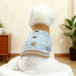 Zopfmuster Haustierpullover Dick Warm Hunde Katzen Kleidung Kontrast Rollkragen Mit Holzknöpfen Winter Welpen Kätzchen Strickwaren