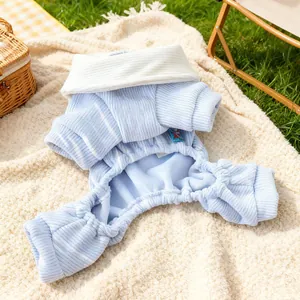 Blue striped ribbed pet jumpsuit for small dogs and cats on a cozy outdoor fleece blanket