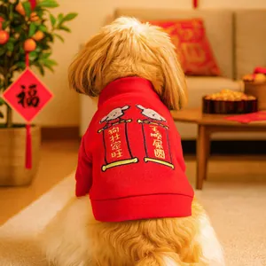 Festive red pet sweater with Chinese New Year embroidery for dogs and cats