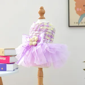 Pet puppy tutu dress detail purple mesh fluffy skirt cute floral pet apparel clothing