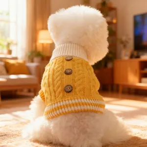 Dicker ingwerfarbener Hundestrickpullover mit Zopfmuster und Holzknöpfen für den Winter
