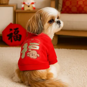 Festive red pet hoodie with golden Luck pattern and cute bear for dogs and cats