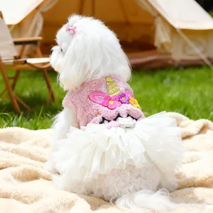 Unicorn Pet Dress Pink Sherpa Fleece Puppy Dog Princess Skirt Tulle Hem Floral Decoration Small Dog Cat Warm Clothes