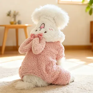 Combinaison Chaude pour Animaux en Polaire d'Agneau Lapin Souriant Automne Hiver Vêtements pour Chien Rose Blanc Chat