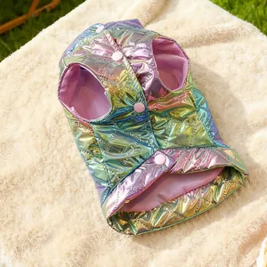 Nahaufnahme der holografischen Hundeweste mit Metallic-Stoff und rosa Druckknöpfen