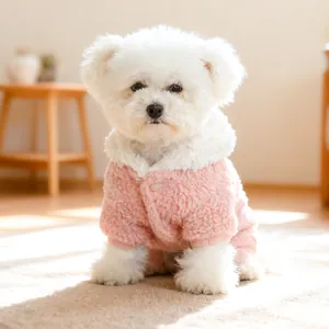 Sweat à capuche en laine d'agneau rose pour petit chien dans un intérieur chaleureux