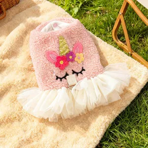 Pink plush pet unicorn dress with multi-layer white lace skirt and metal D-ring for leash