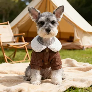 Detail of pet autumn coat with brown plaid texture and soft white fleece collar