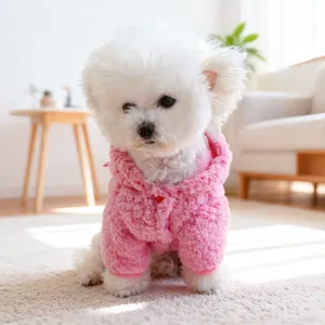 Felpa con cappuccio per cani in pile sherpa rosa per piccoli animali con bottone rosso