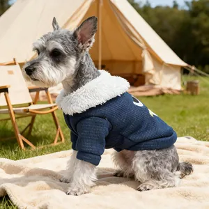 Dark blue waffle texture pet winter jacket with white fleece collar for small dogs