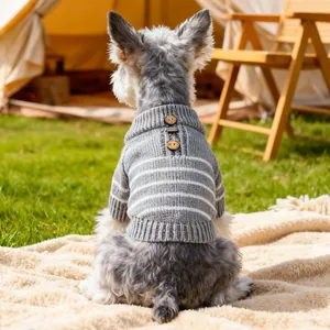 French Style Striped Pet Dog Sweater Autumn Winter Warm Knitwear For Cats Small Dogs Grey White Stripes With Buttons