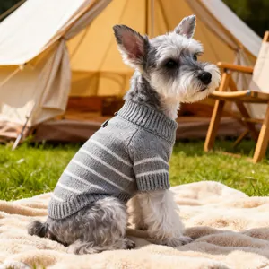Striped knit pet sweater for small dogs in grey and white with cozy high neck design