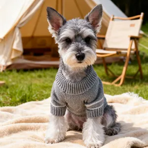 Grey knit high-neck pet sweater with white stripes for dogs and cats in outdoor settings
