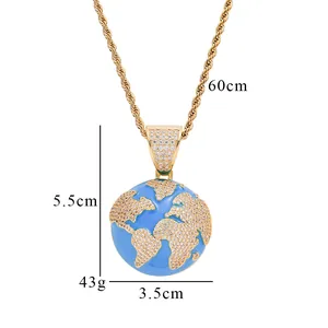 Hip hop blue earth globe pendant necklace with gold chain and white cubic zirconia