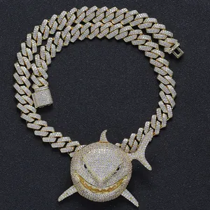 Iced out hip hop shark pendant with thick gold plated Cuban link chain necklace