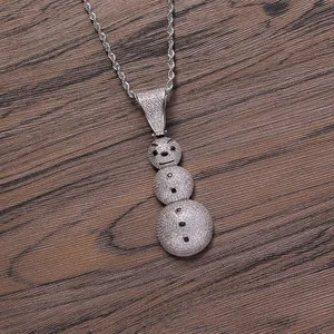Iced out snowman pendant necklace with clear zircons and silver rope chain for hip hop style