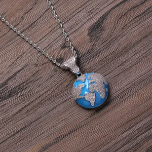 Hip-hop style blue earth globe pendant necklace with pavé zircon and silver rope chain