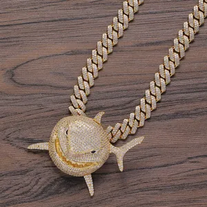 Hip-hop gold shark pendant necklace with Cuban chain fully iced out in cubic zirconia
