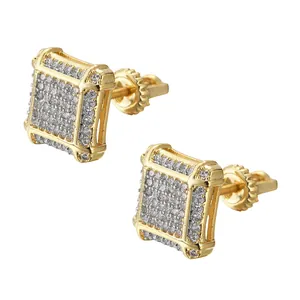 Hip hop style gold square stud earrings with pave-set zircon and secure screw-back closure