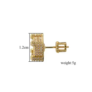 Vue latérale de la boucle d'oreille hip hop carrée avec zircons et fermoir à vis