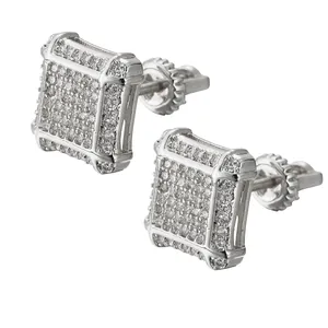 Iced-out square double-layer zircon stud earrings with screw-back design in silver finish