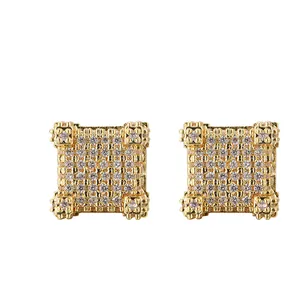 Boucles d'oreilles carrées hiphop pour hommes plaquées or avec zircons cubiques