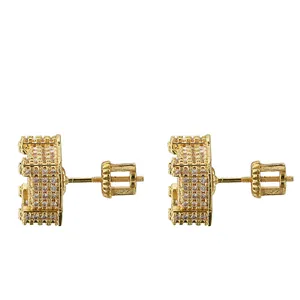 Boucles d'oreilles carrées dorées hiphop pour hommes avec zircons et fermoir à vis