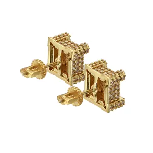 Détails de boucles d'oreilles hiphop carrées dorées avec zircons et forme en H latérale