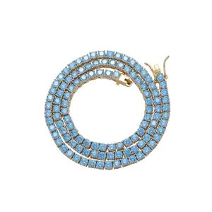 4mm sky blue zircon tennis chain necklace with gold plating and secure double clasp