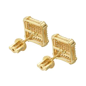 Square double-layer pavé zircon stud earrings with 18K gold plating for men and women