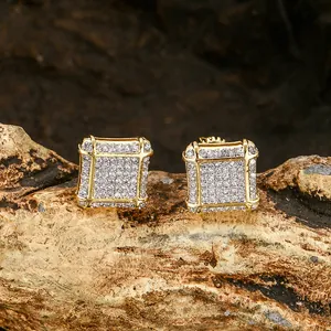 Hip Hop Square Stud Earrings Gold Silver Plated Copper Micro Pave Zirconia Screw Back Iced Out Fashion Jewelry For Unisex